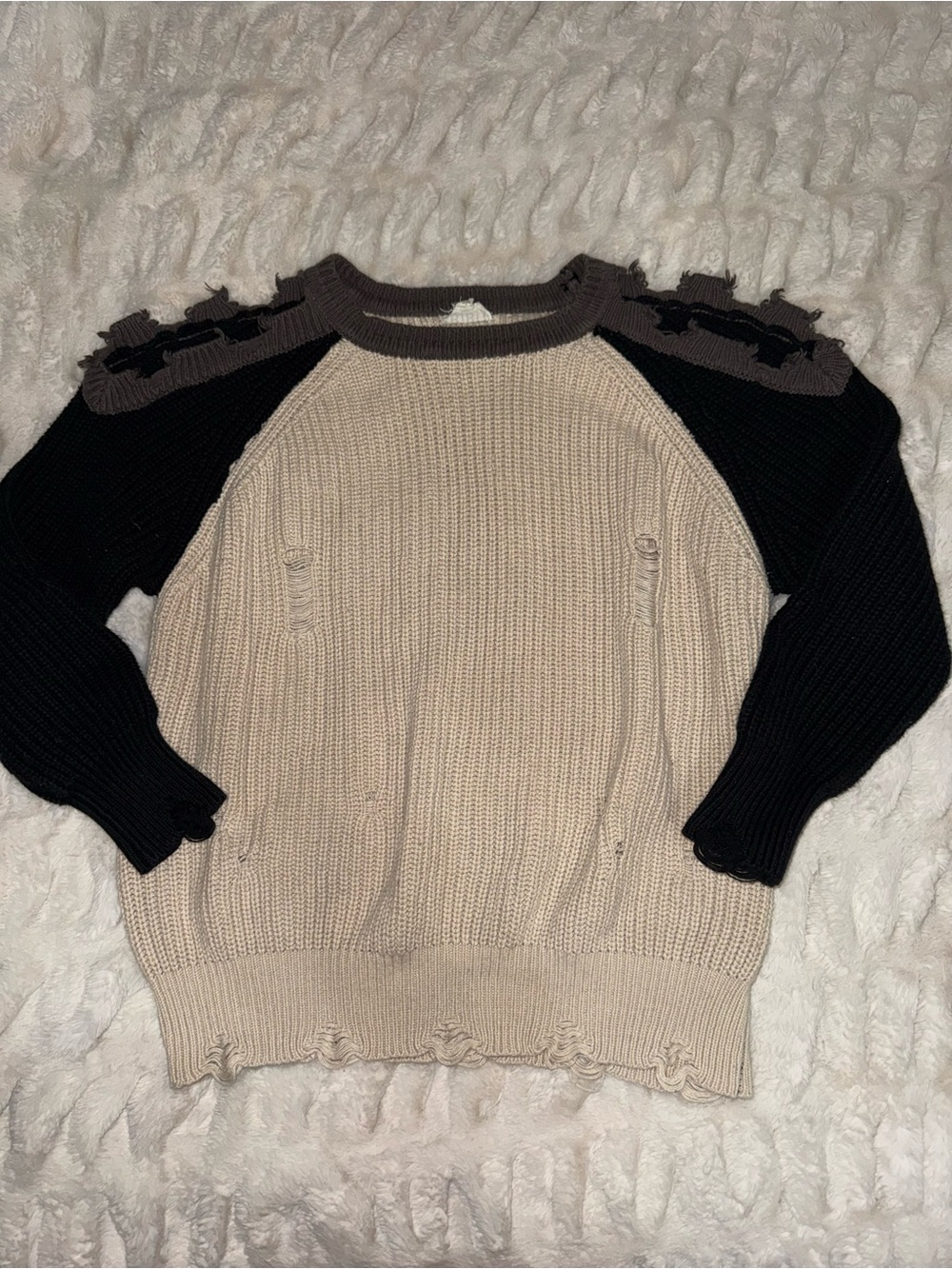 BiBi Beige Sweater with Black Raglan Sleeves and Shoulder Trim - Picture 1 of 1